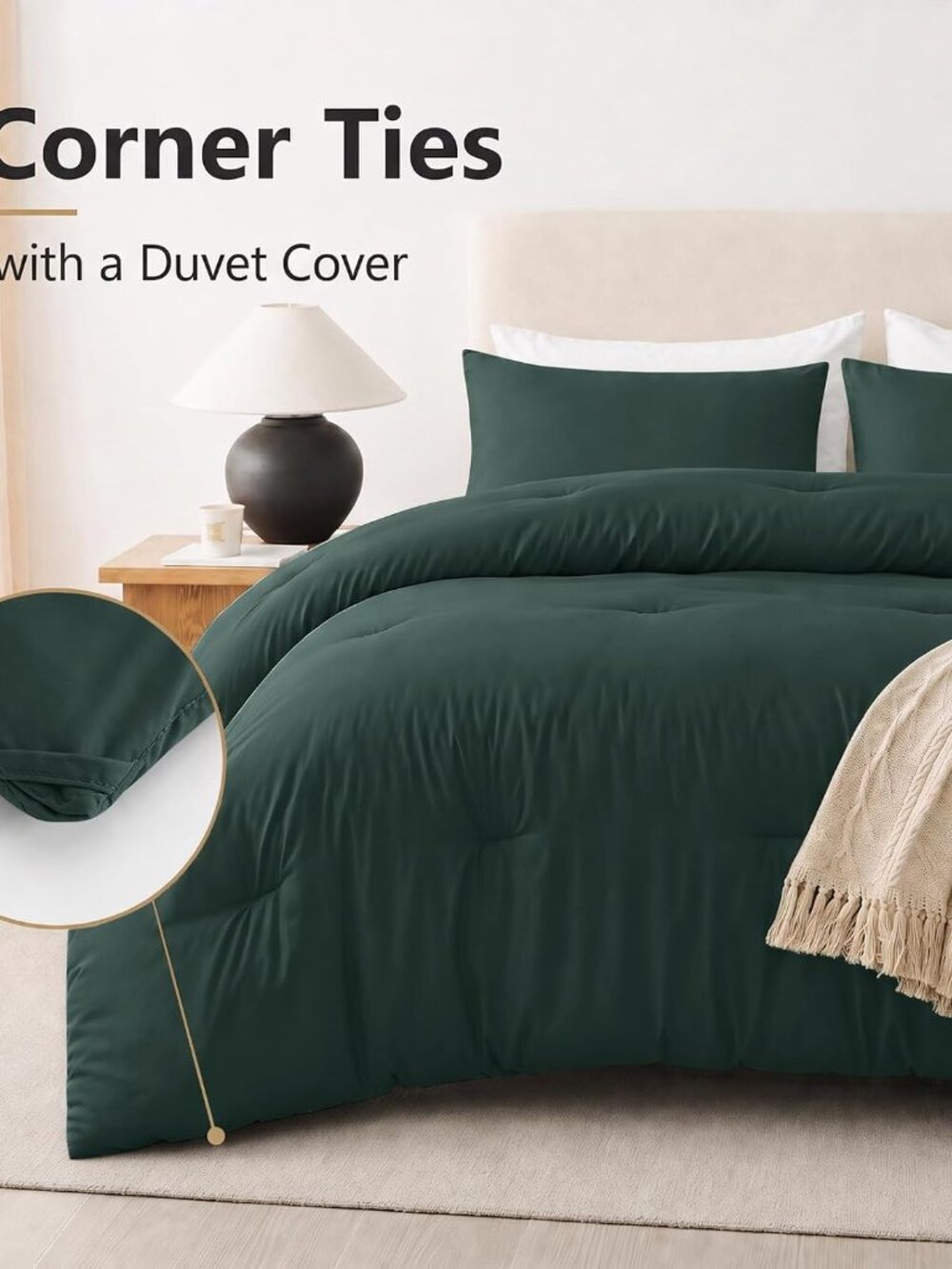 Queen Comforter Set, 3 Pieces Down Alternative Bedding Forest Green - Picture 4 of 9